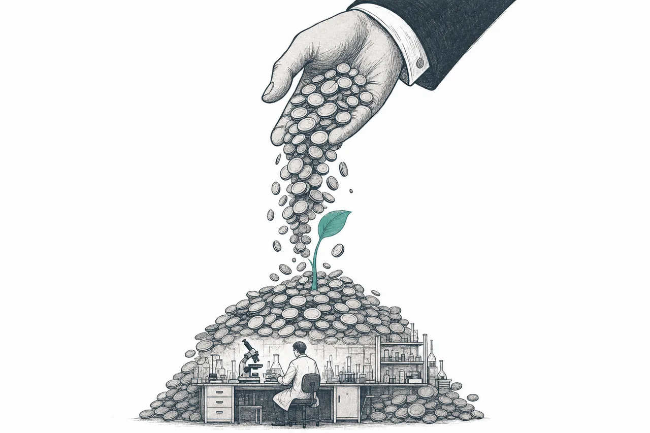 A billionaire's giant hands pour gold coins into a tiny lab, where a young sapling sprouts out of the pile of coins