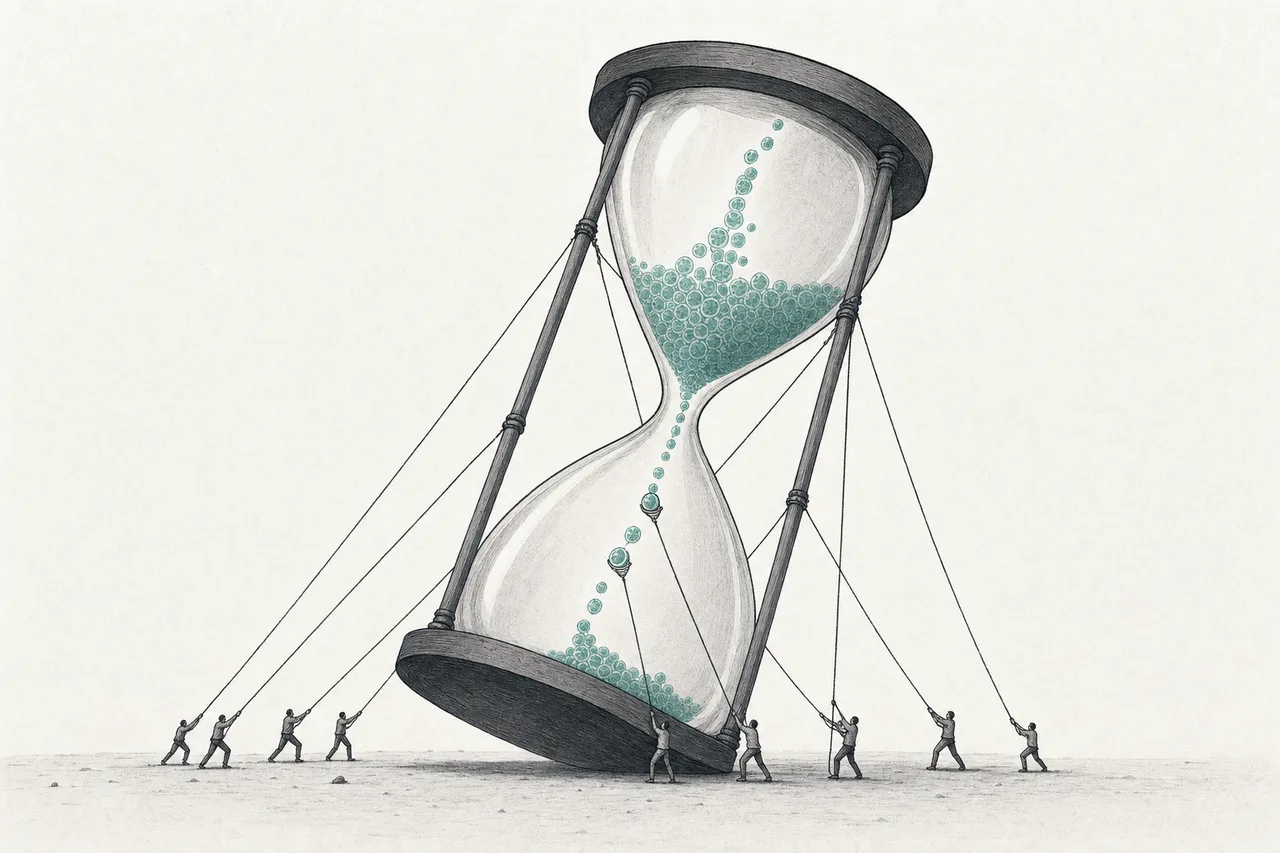 A giant hourglass, with tiny hands struggling to flip it over and slow the falling grains. Inside each grain is a glowing cell.
