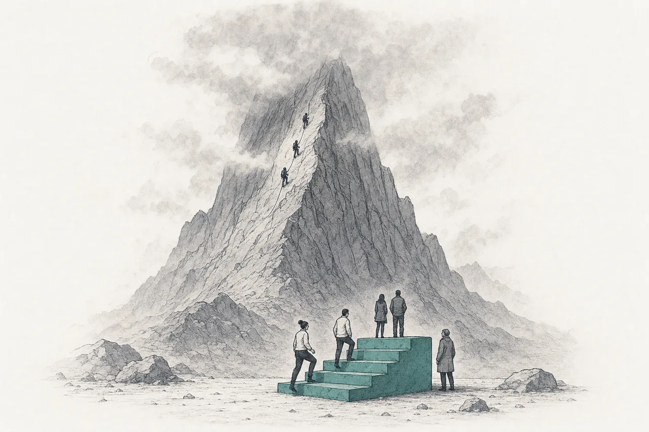 A tiny climber scaling a steep mountain whose summit disappears into the clouds, with a low, sturdy staircase at the base that ordinary people can walk up