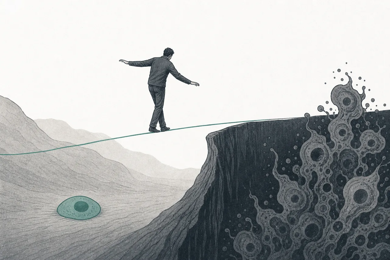A climber balances along a very narrow ridge. On one side is a safe valley, on the other a deep abyss. The path is as thin as a thread.