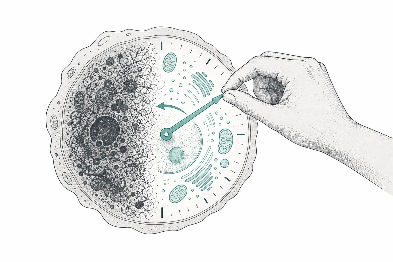 A hand slowly turns the face of a giant clock that sits inside a cell, moving its hands backwards. The cells on the rewound side look brighter and more orderly.