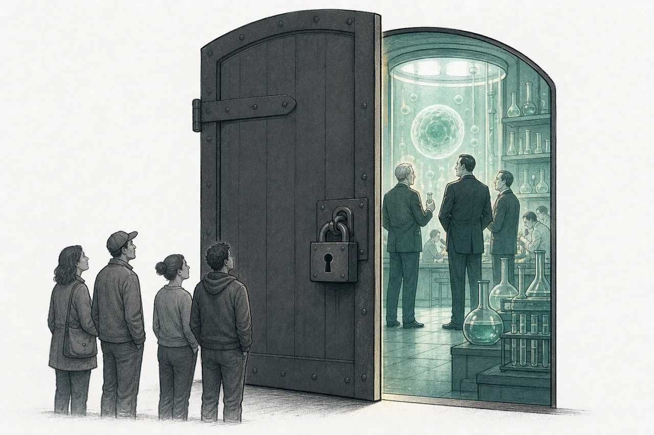 A glowing laboratory sits behind a large locked door. Inside are only a few billionaires; outside the door stands a small crowd of retail investors looking in.