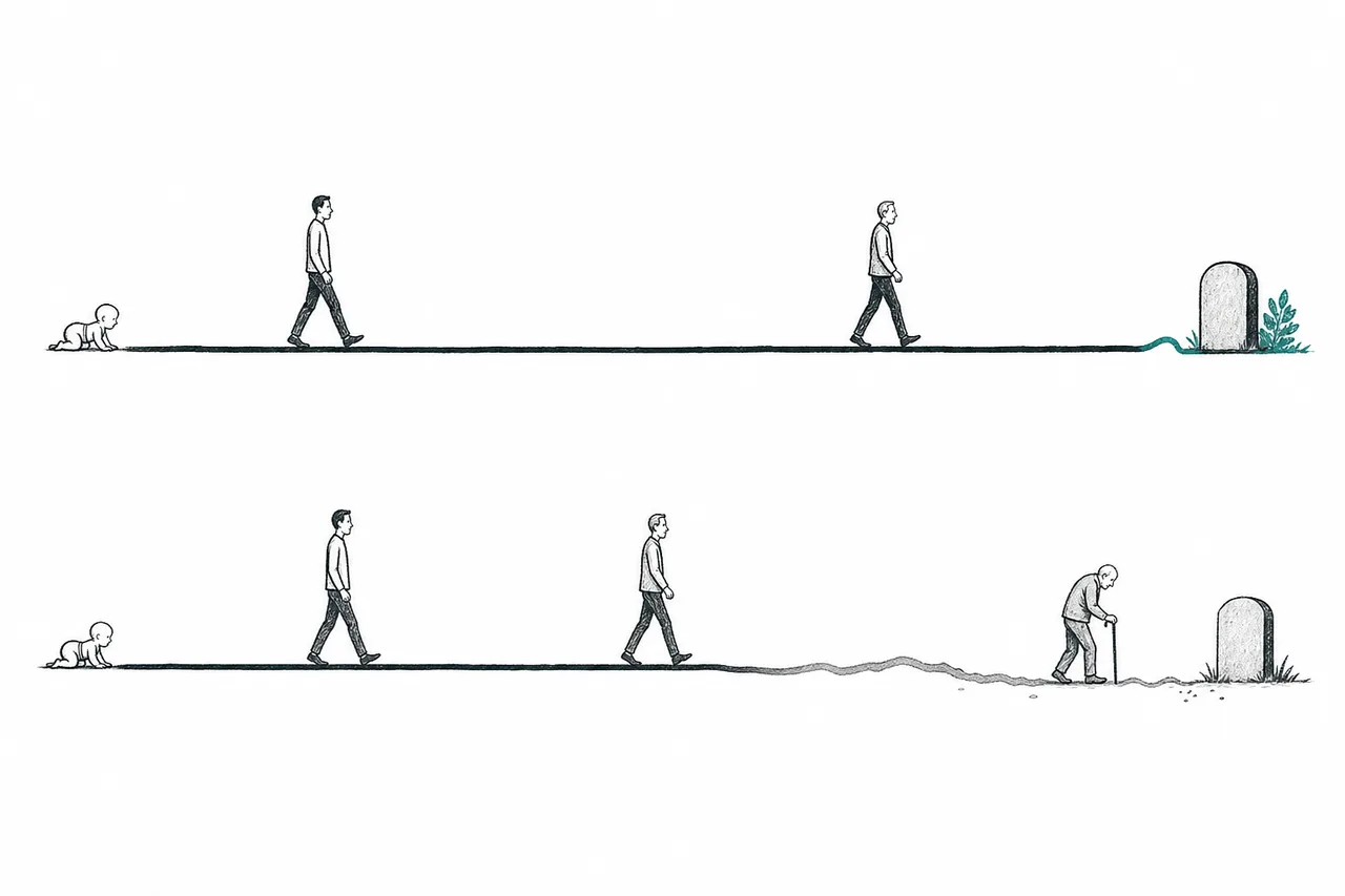 Two equally long paths of life. One stays bright the whole way; the other fades and collapses near the end, just before the finish.