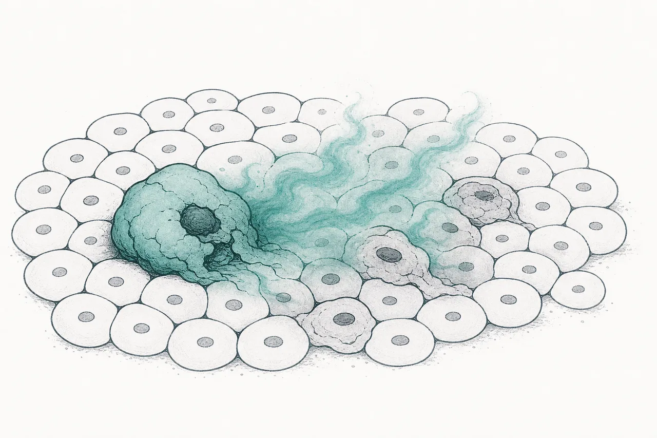 A tissue full of healthy cells, but with a few abnormal cells lingering and puffing out toxic smoke that disturbs the neighbors around them.