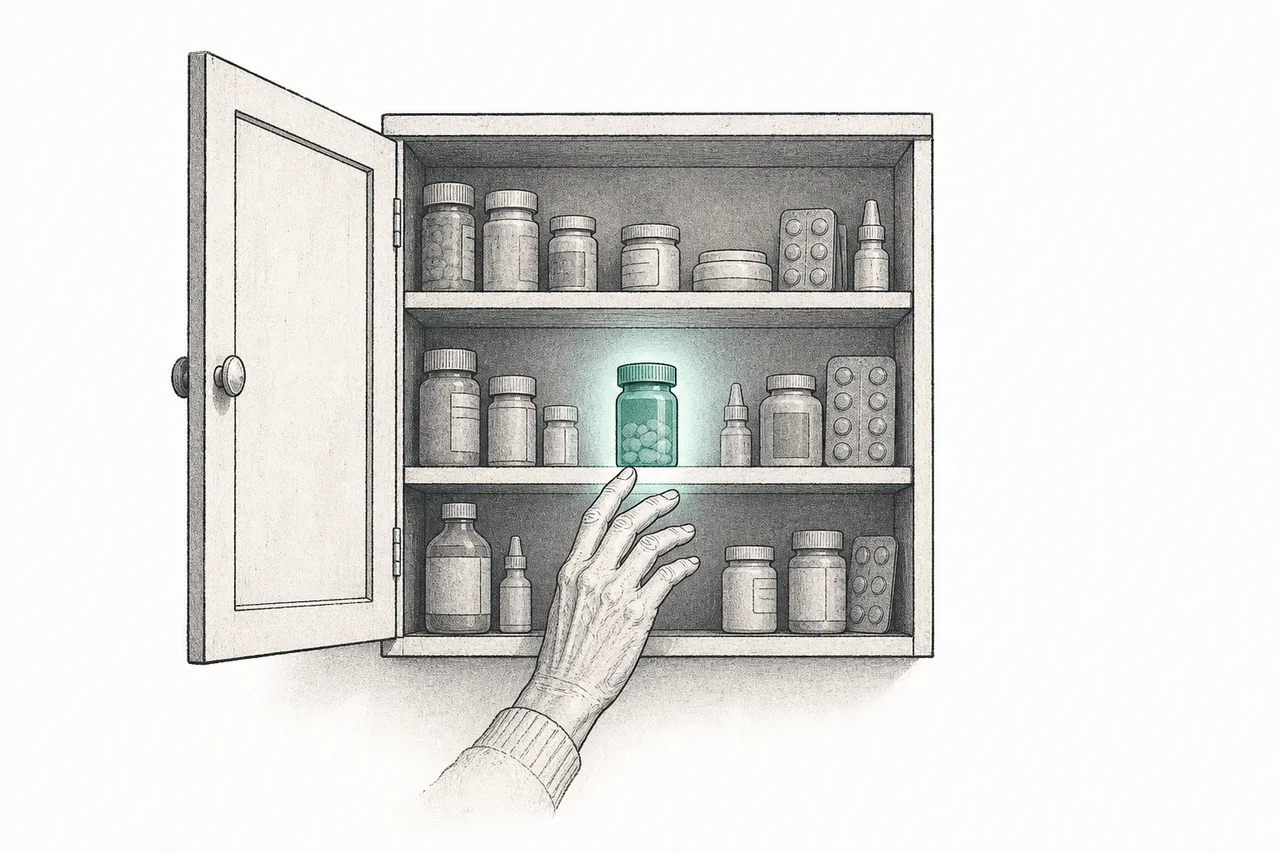 An ordinary household medicine cabinet stands open, with bottles of old generic drugs inside. One of them glows faintly, like an anti-aging drug that's been hiding all along.