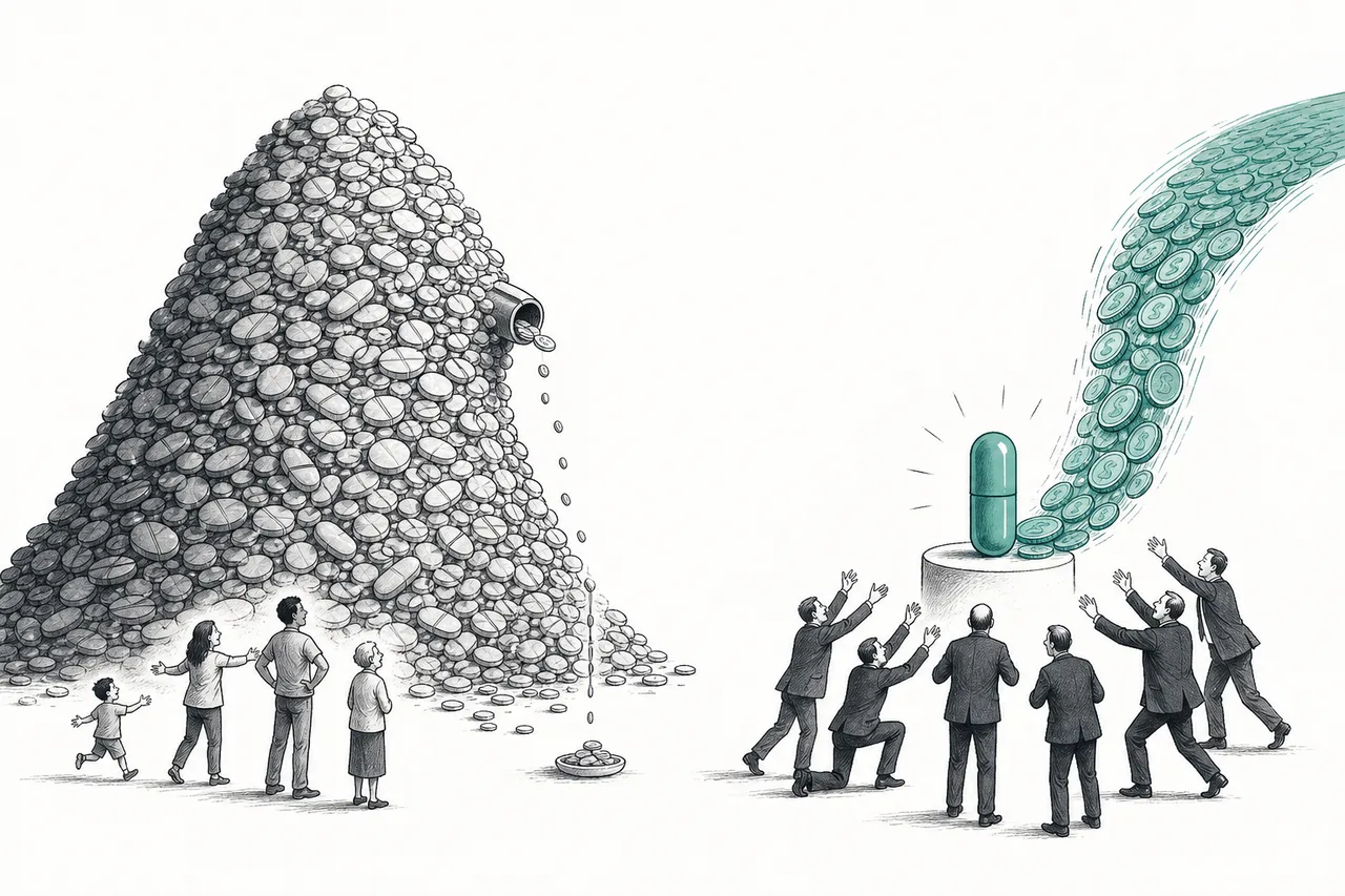 A huge pile of cheap little pills that's good for people all over the world, but only a tiny trickle of money seeps out — versus a single patented new drug that pulls money in as a big stream.