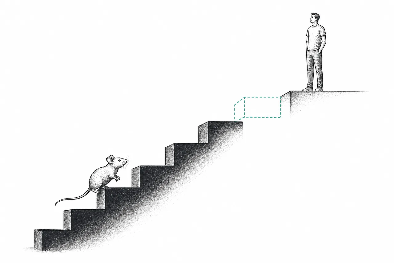 A ladder of scientific evidence. The bottom steps are lab mice that clearly live longer, but the very top step is healthy humans, still a hollowed-out gap waiting to be proven.