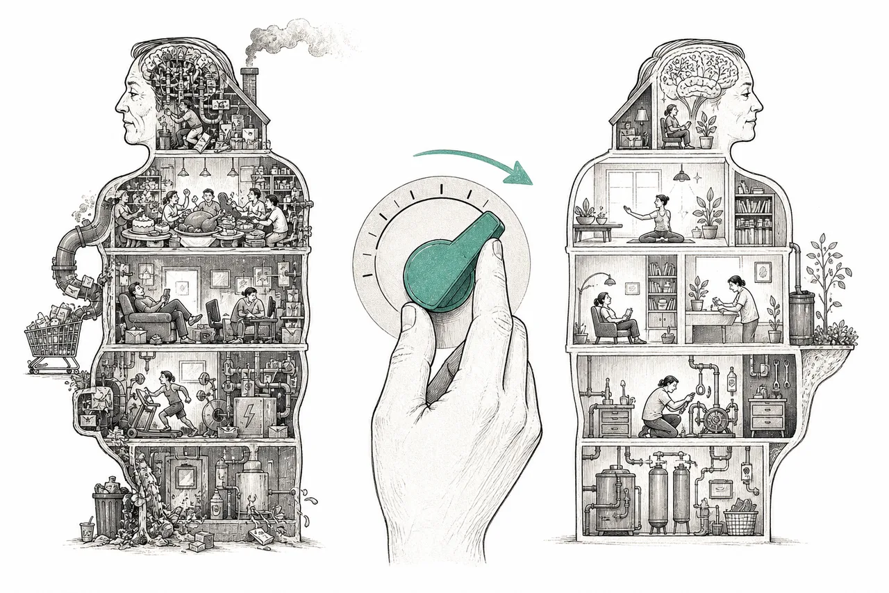 The body is like a house with one big switch. One side is the grow-fast mode, the other is the repair-and-care-for-yourself mode. A hand is slowly pushing the switch toward the repair side.