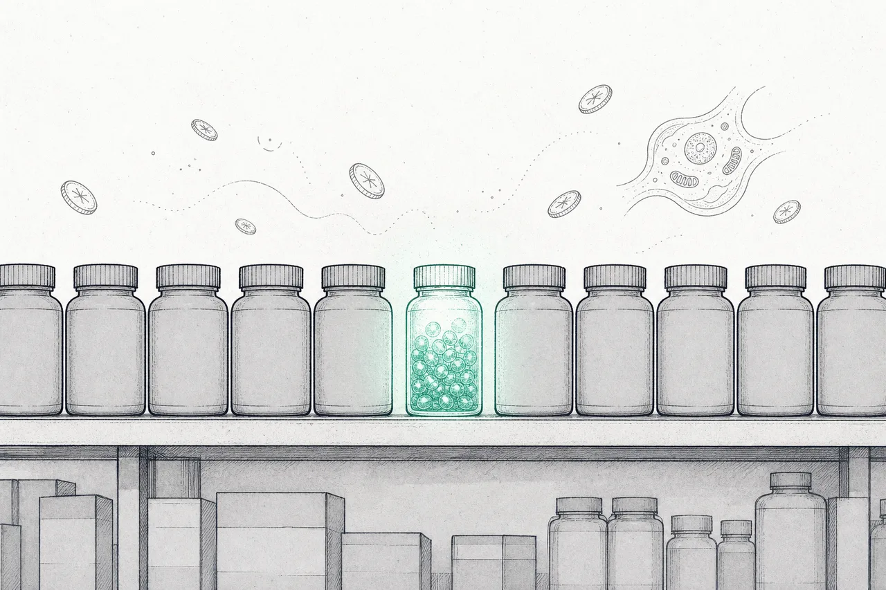 Bottles of supplements lined up on a store shelf, one of them glowing faintly as if it held cellular energy — anti-aging that has become a real product for sale.