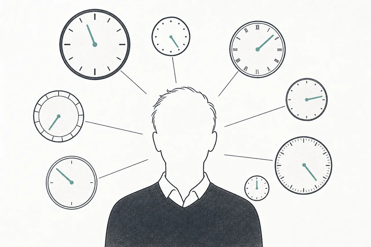 Several clocks all measuring the same person's biological age, but each hand points a different way, showing that different kinds of clock don't give matching answers.