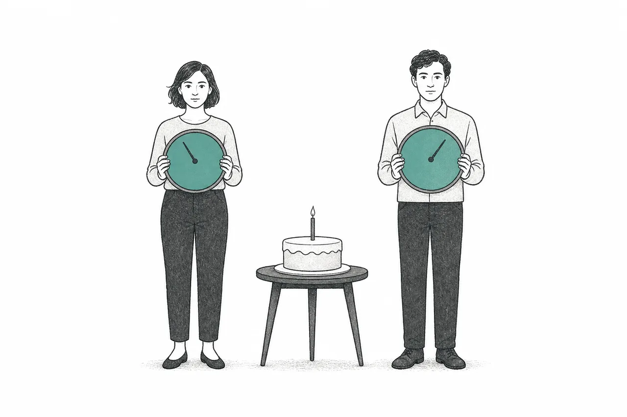 Two people stand side by side, the same birthday on the cake between them — yet the clock each one holds points to a different time.