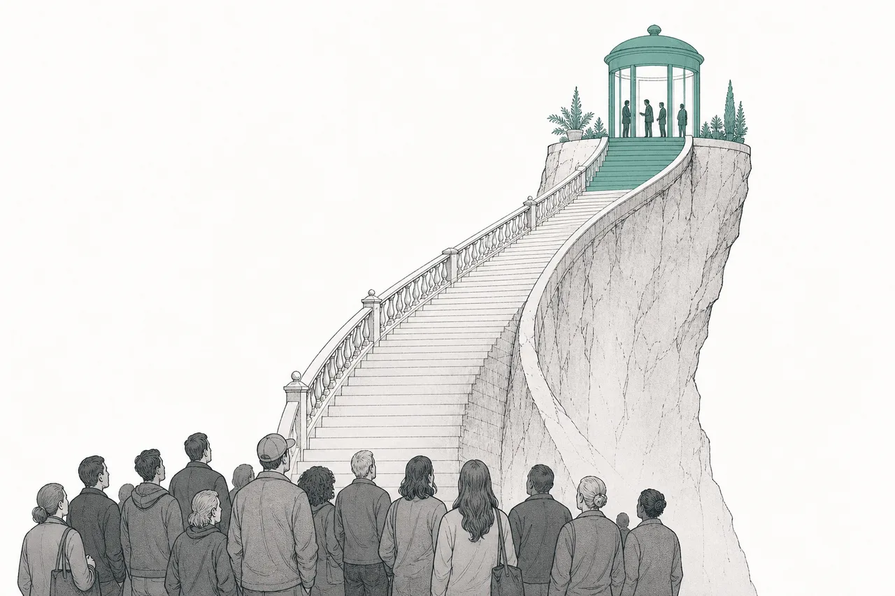 A steep staircase with a small group of people standing at the top near a clinic, while a large crowd looks up from below — conveying access limited to the wealthy.