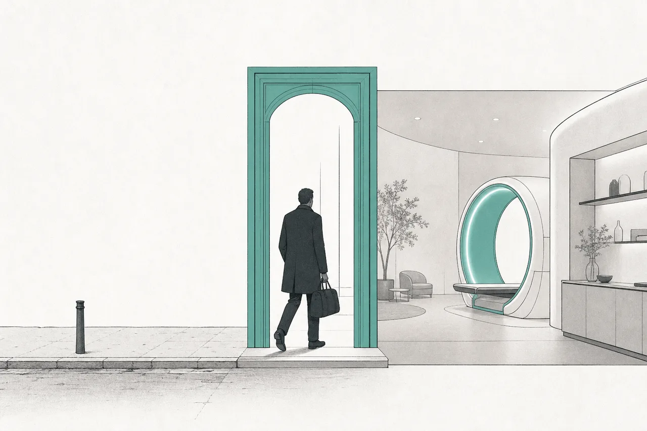 The entrance to a luxury clinic that looks like a hotel lobby, with a person walking from the ordinary world into an exam room full of scanners and health graphs.