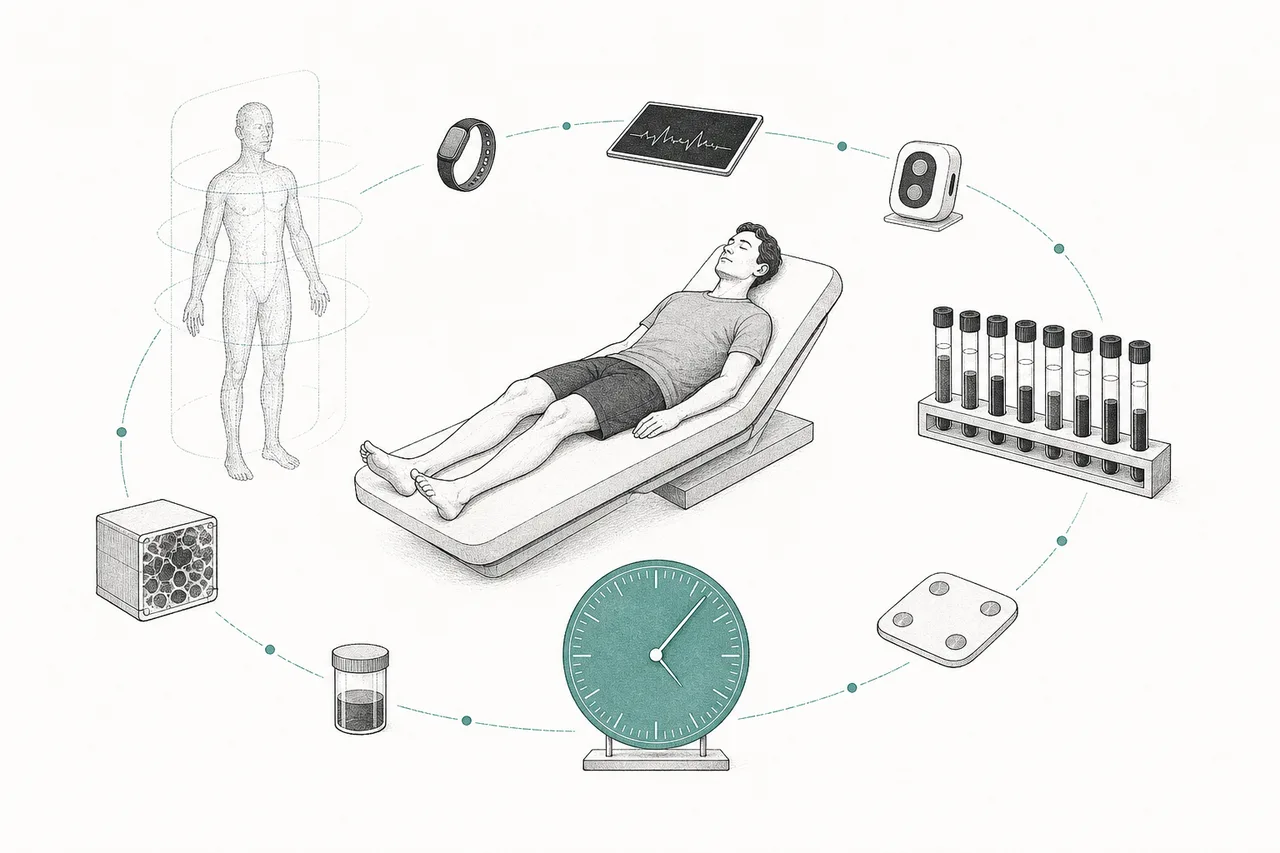 A single person lies at the center, surrounded by whole-body scan images, blood sample tubes, and a clock face showing a biological age.
