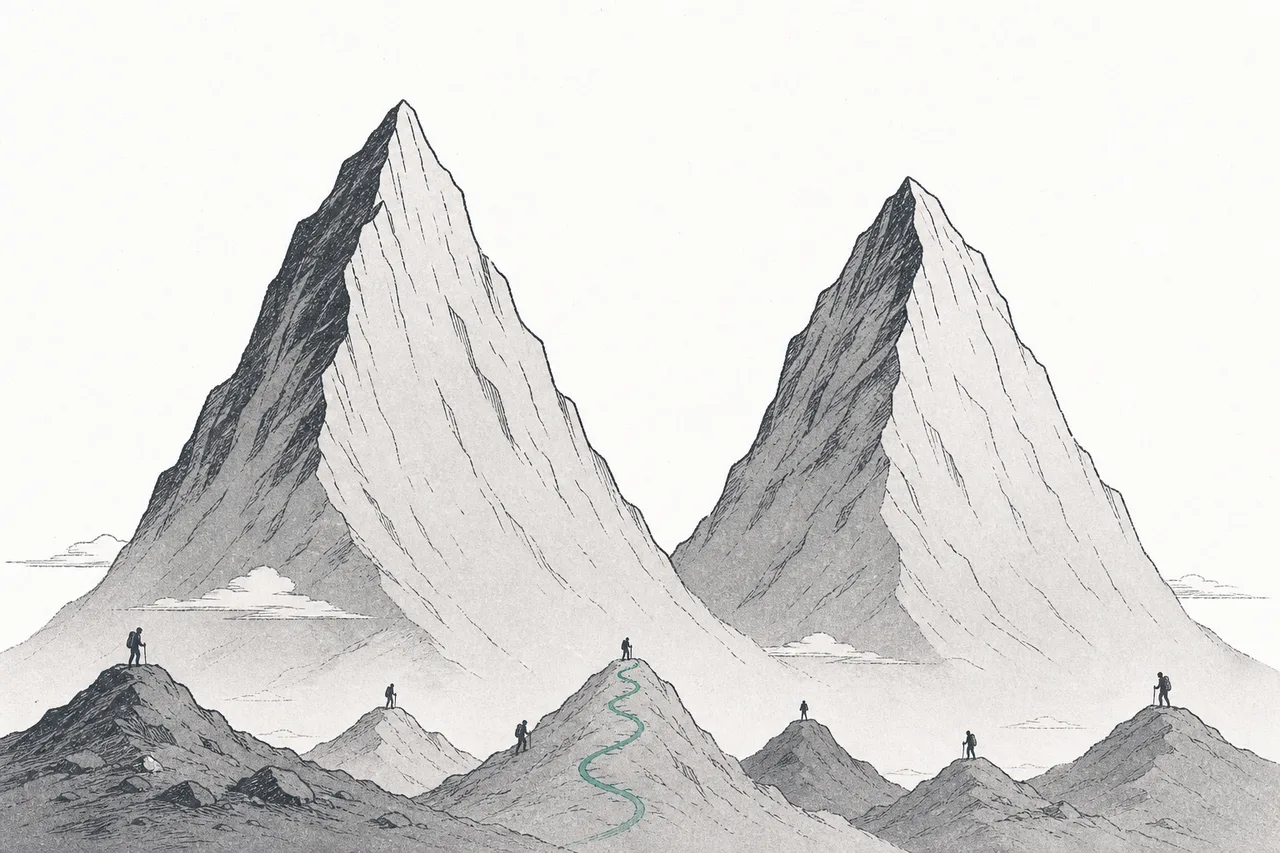 Two tall mountains tower over and dominate most of the space, while below them are several small hills of challengers trying to climb up — depicting a market dominated by two giants.