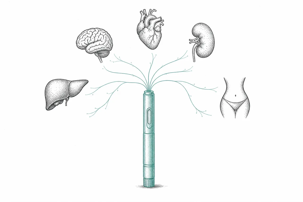 A simple injection pen stands tall in the center, with thin lines radiating out in many directions to the body's organs afflicted by diseases of old age — as if one drug reaches out to touch several problems at once.