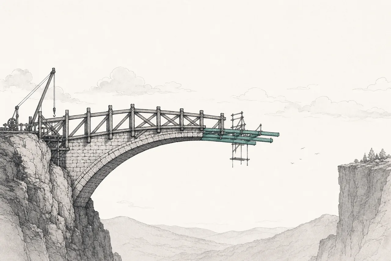 A bridge built halfway. One side is the solid ground of "getting healthier," but the far end it should reach — "living longer" — is still an unfinished gap, waiting to be proven.