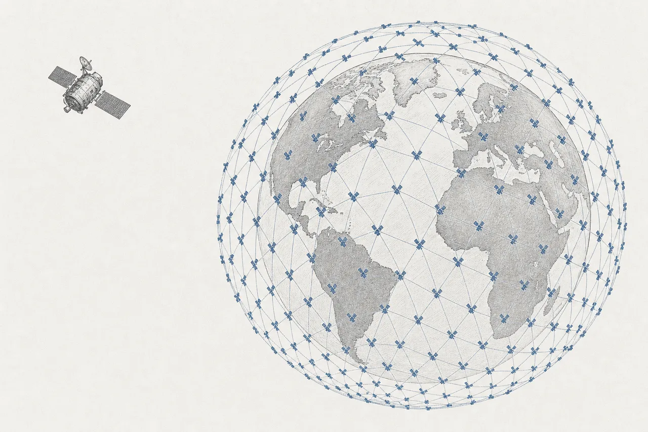 Thousands of tiny satellites arranged like a mesh wrapping around the Earth, replacing a single large satellite