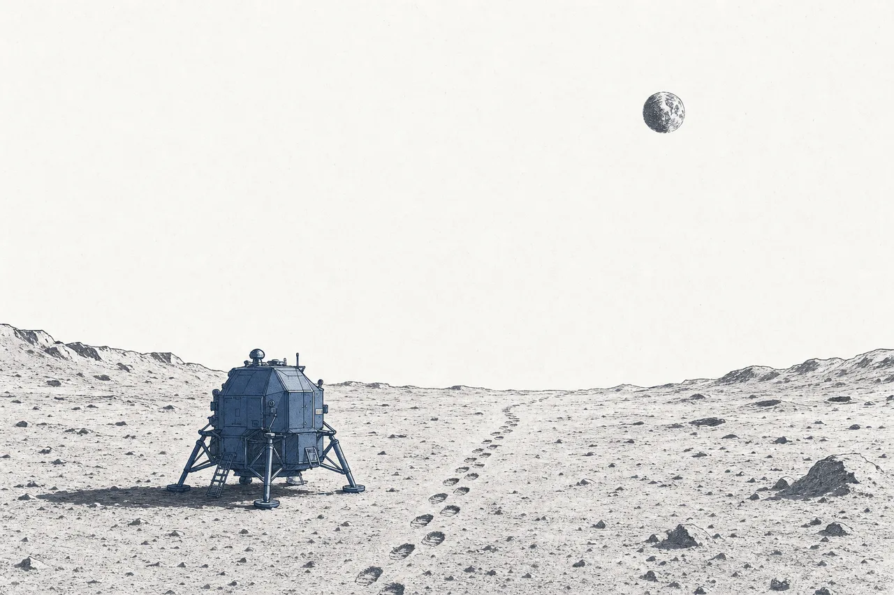 A lander on the quiet lunar surface, with Earth floating in the distance, a new economic frontier just beginning
