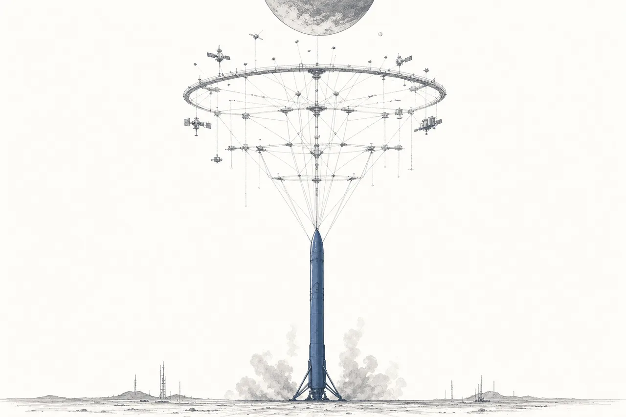A rocket that has landed upright back on its launch pad, becoming the pillar that holds up all the layers of space activity floating above it