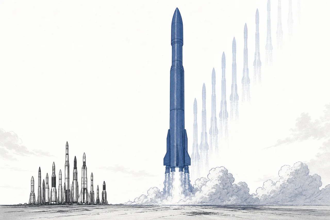 A single large rocket stands prominently in the center, launching in rapid succession, while the rockets of every other player worldwide stand together, small, off to the side.