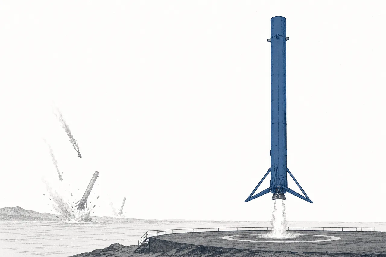 A rocket coming back to land upright on its pad, while the shadow of an old throwaway rocket falls away into the background.