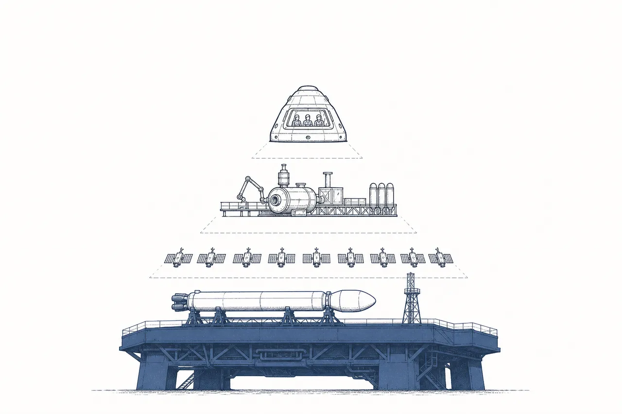A cheaper rocket base acts as a foundation, holding up stacked layers of space ventures above it — satellite constellations, in-orbit factories, and space tourism.