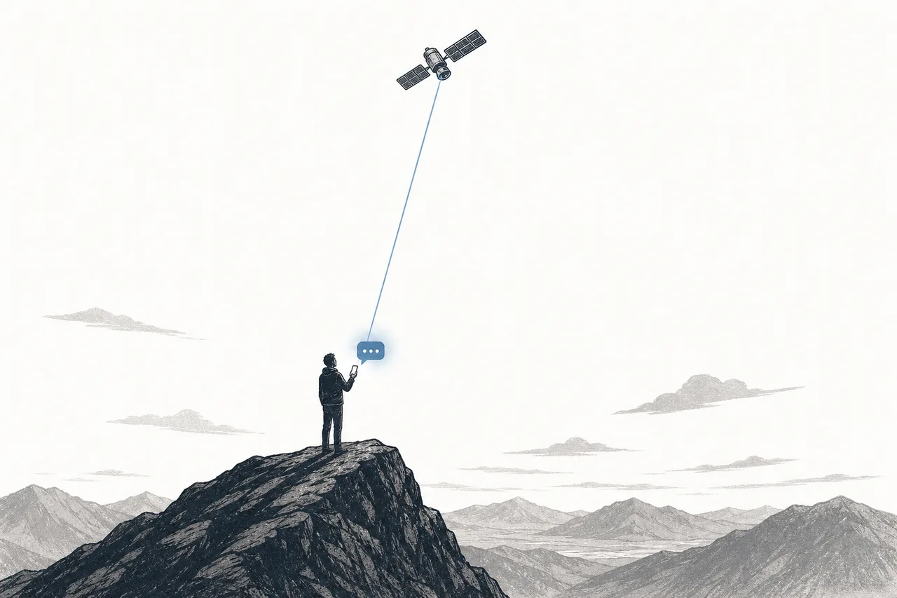 A person standing alone on a remote mountaintop with no signal tower anywhere, while a thin beam from a satellite above shines straight down onto the phone in their hand, lighting up the message box