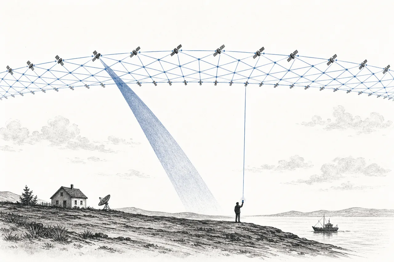 A ring of many satellites flying around the Earth in low orbit, beaming broadband down to receiving dishes on the ground, and beaming straight to an ordinary phone in the hand of a person standing in a remote place