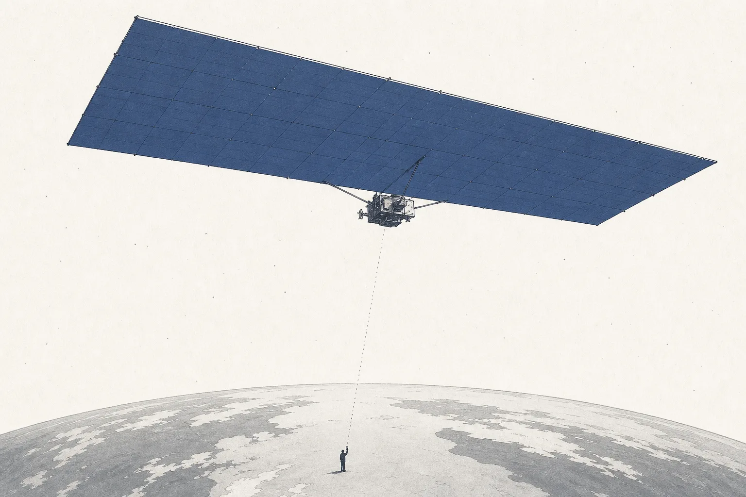 A large satellite spreads an enormous flat antenna array in space, above the curve of the Earth, representing the giant antenna designed to receive faint signals from ordinary phones on the ground below.