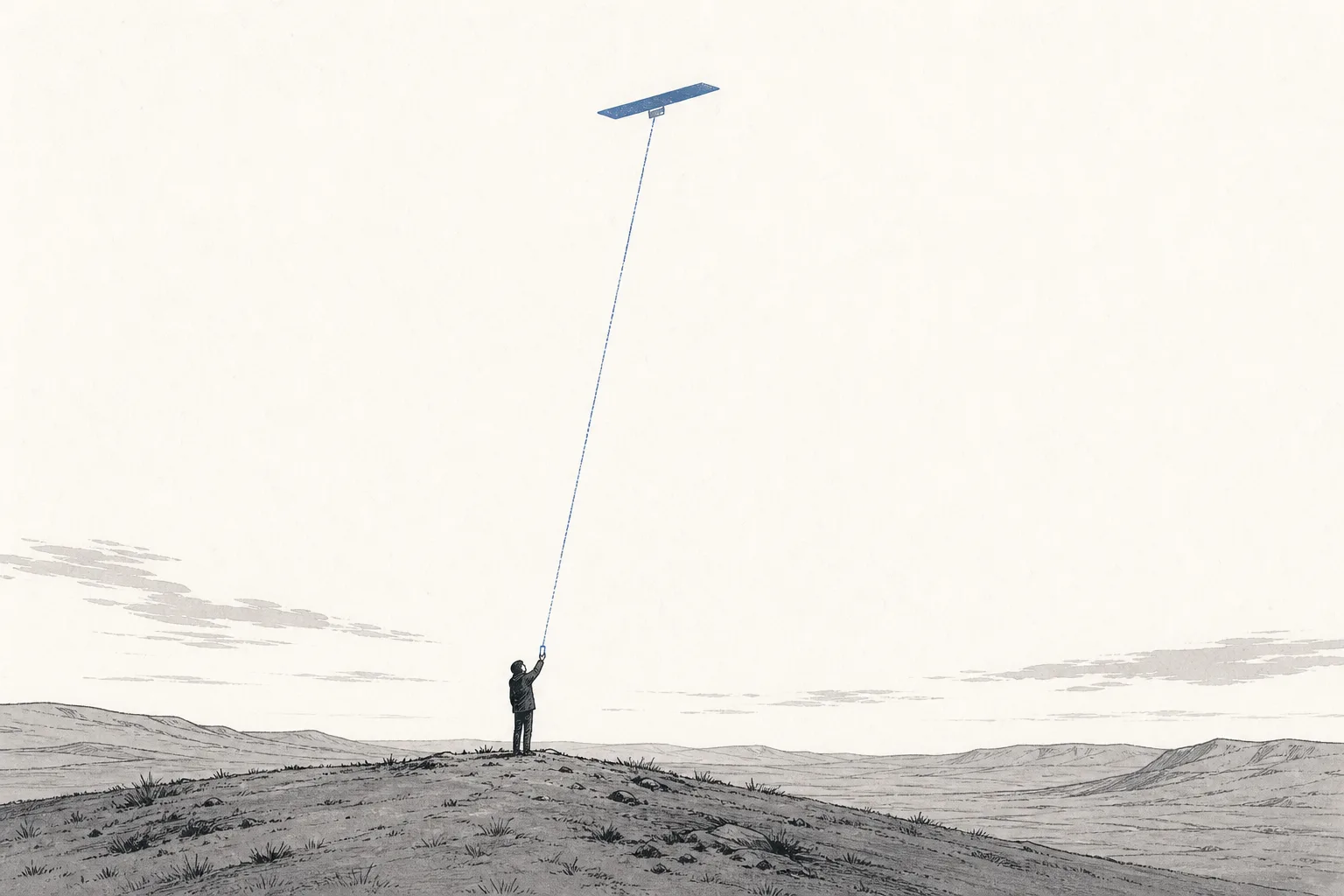 A person stands alone in the middle of a wide field with no cell towers anywhere, looking up at the sky where a single satellite acts like a floating cell tower, beaming a thin shaft of light straight down to the phone in their hand.