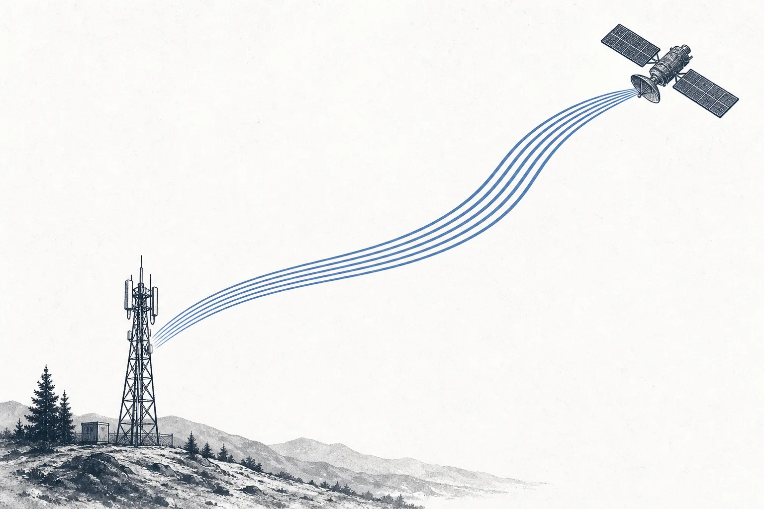 A symbolic image of spectrum flowing from a cell tower on the ground up to a satellite in the sky, representing mobile signal being borrowed up into space and spectrum becoming a precious asset.