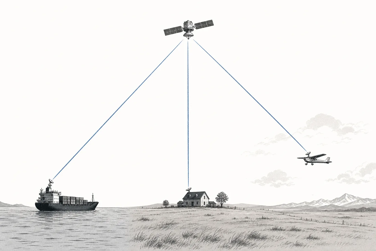 A ship in the middle of the ocean, a far-off house on the plains, and a plane in the sky each have a small receiving dish, catching the beam fired down from a satellite overhead, connecting distant points to the same network.
