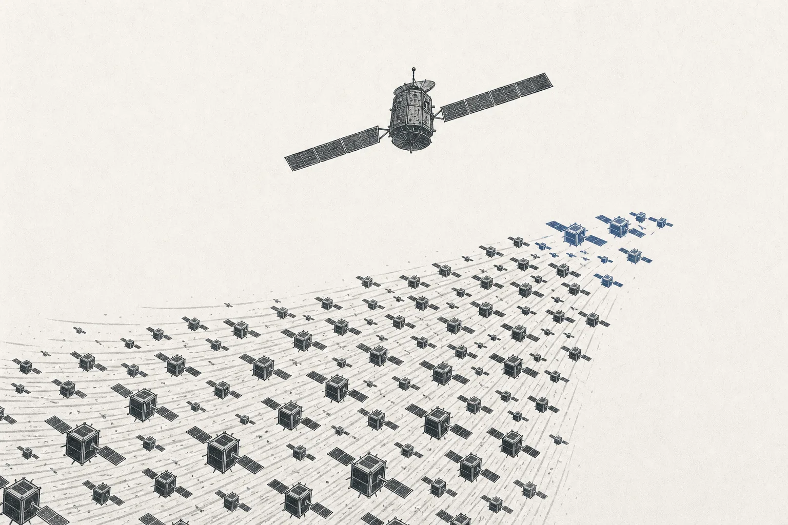 An old, large GEO satellite hovers high and alone, gradually being obscured by an enormous swarm of small LEO satellites flying lower and arriving in a group.