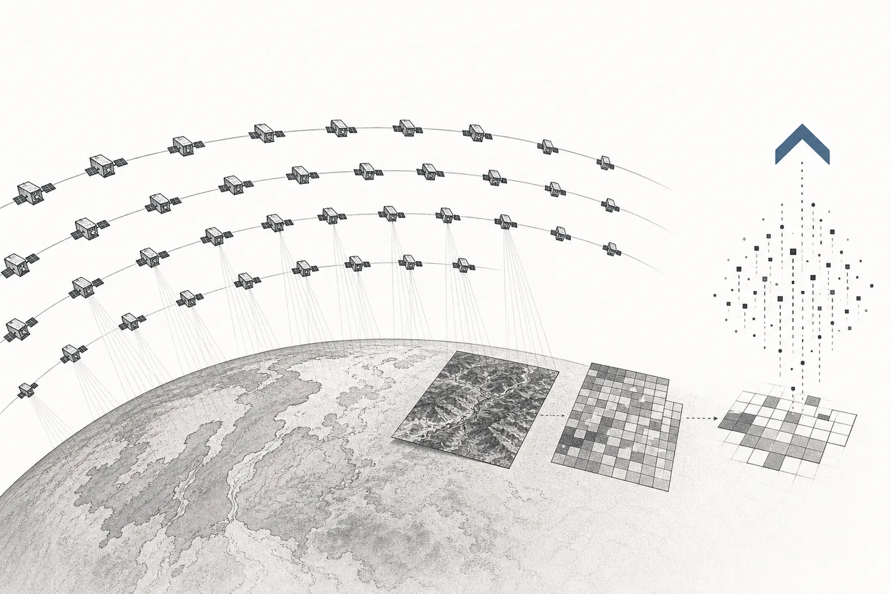 A spherical Earth is surrounded by a swarm of many small satellites sweeping their lines of sight down to the surface. The images they capture gradually turn into layers of data and rising numbers.