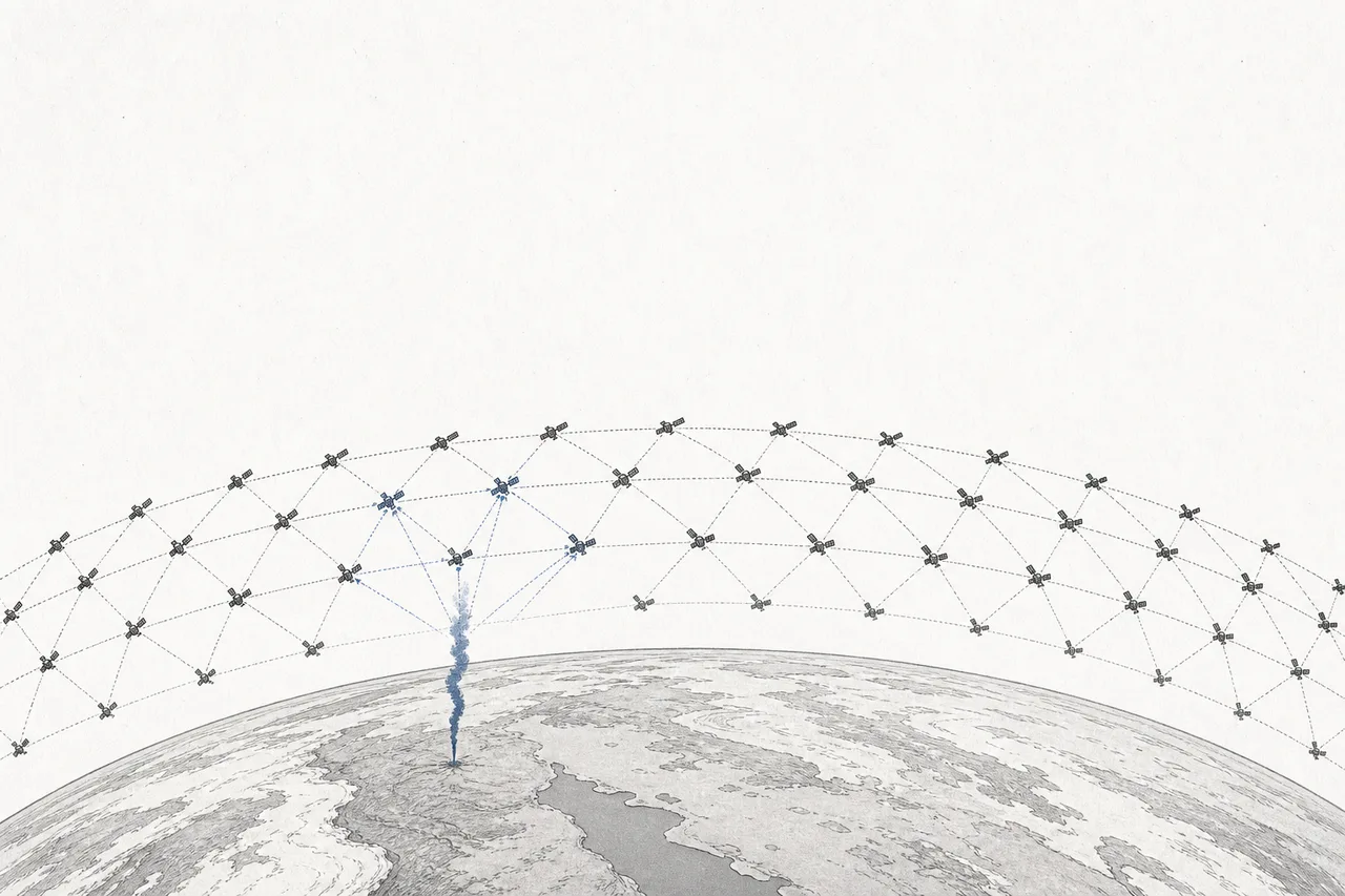 Many warning satellites spread like a net around Earth, catching the heat signature of a rocket rising from the ground.