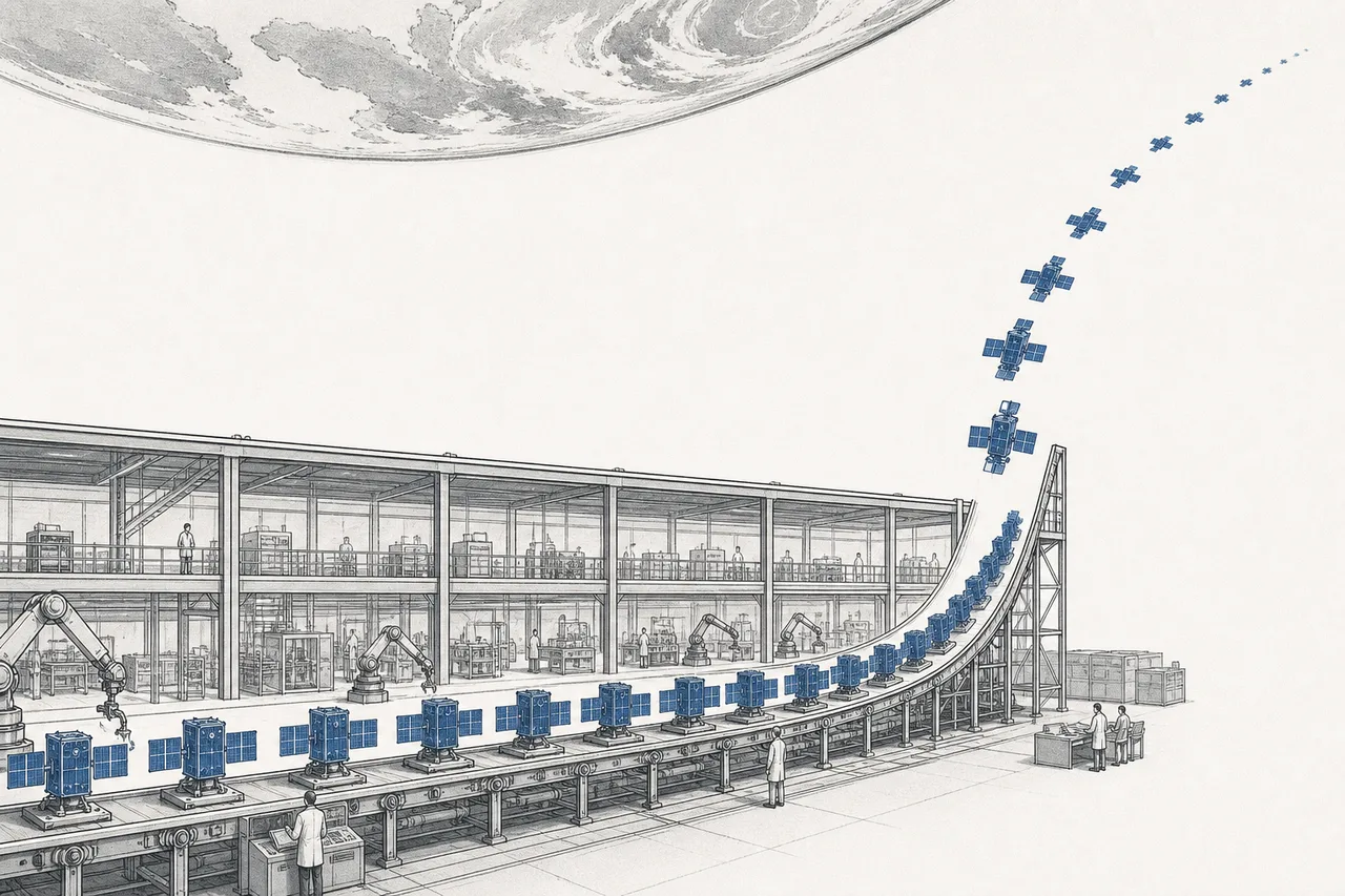 A long factory with identical satellites lined up on a production line, flowing out of the building and spreading to fill the orbit around Earth.