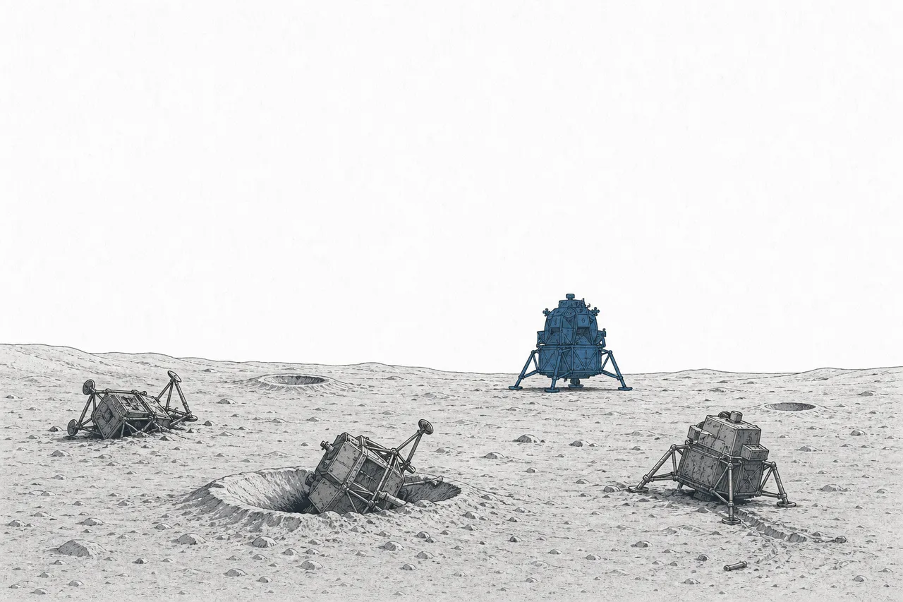 Several landers on the Moon's surface. Some have tipped over, some have slammed into the ground, and only one stands fully upright.
