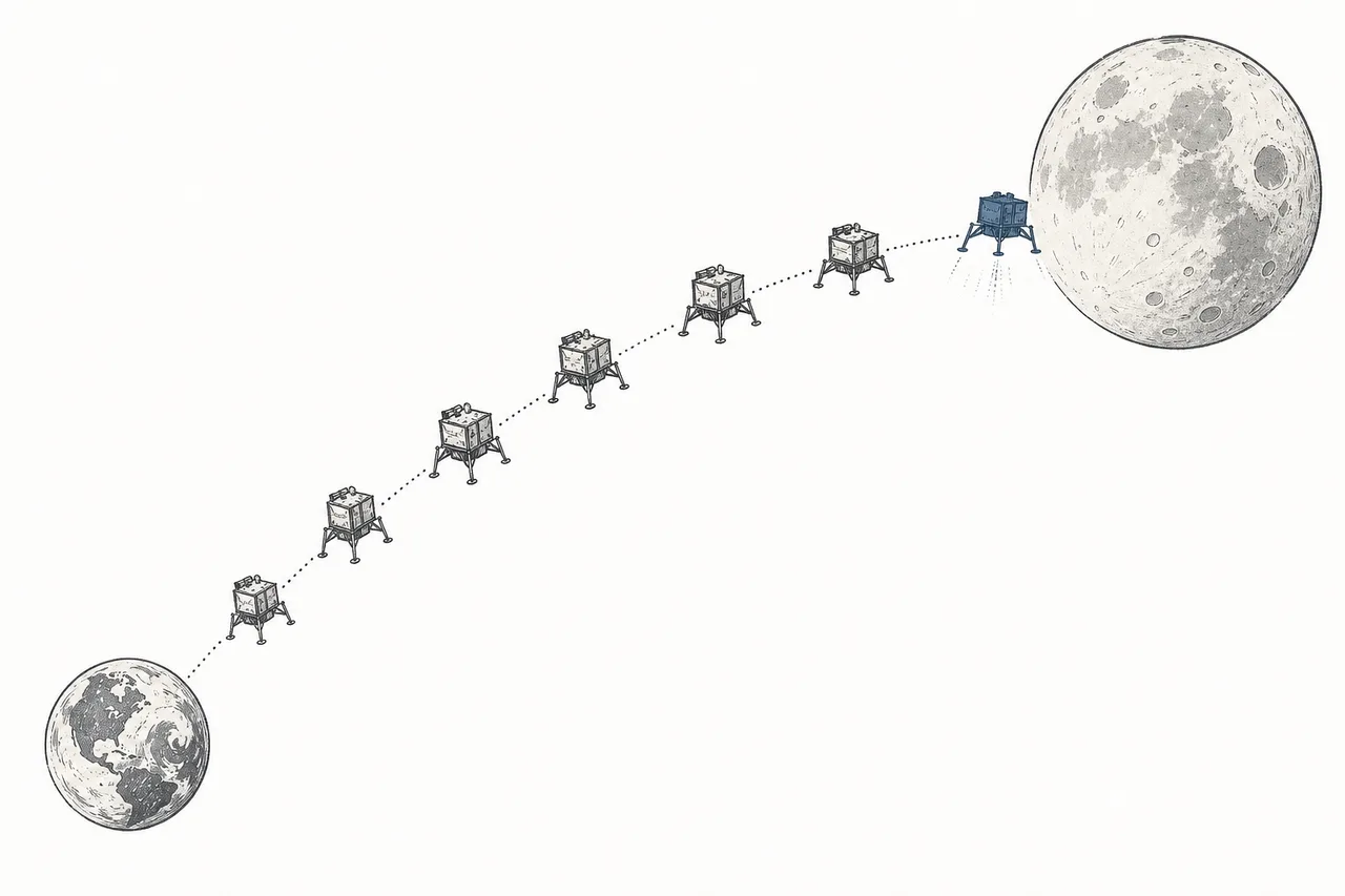 The delivery route from Earth to the Moon. Several small landers travel in a convoy across space toward the lunar surface.