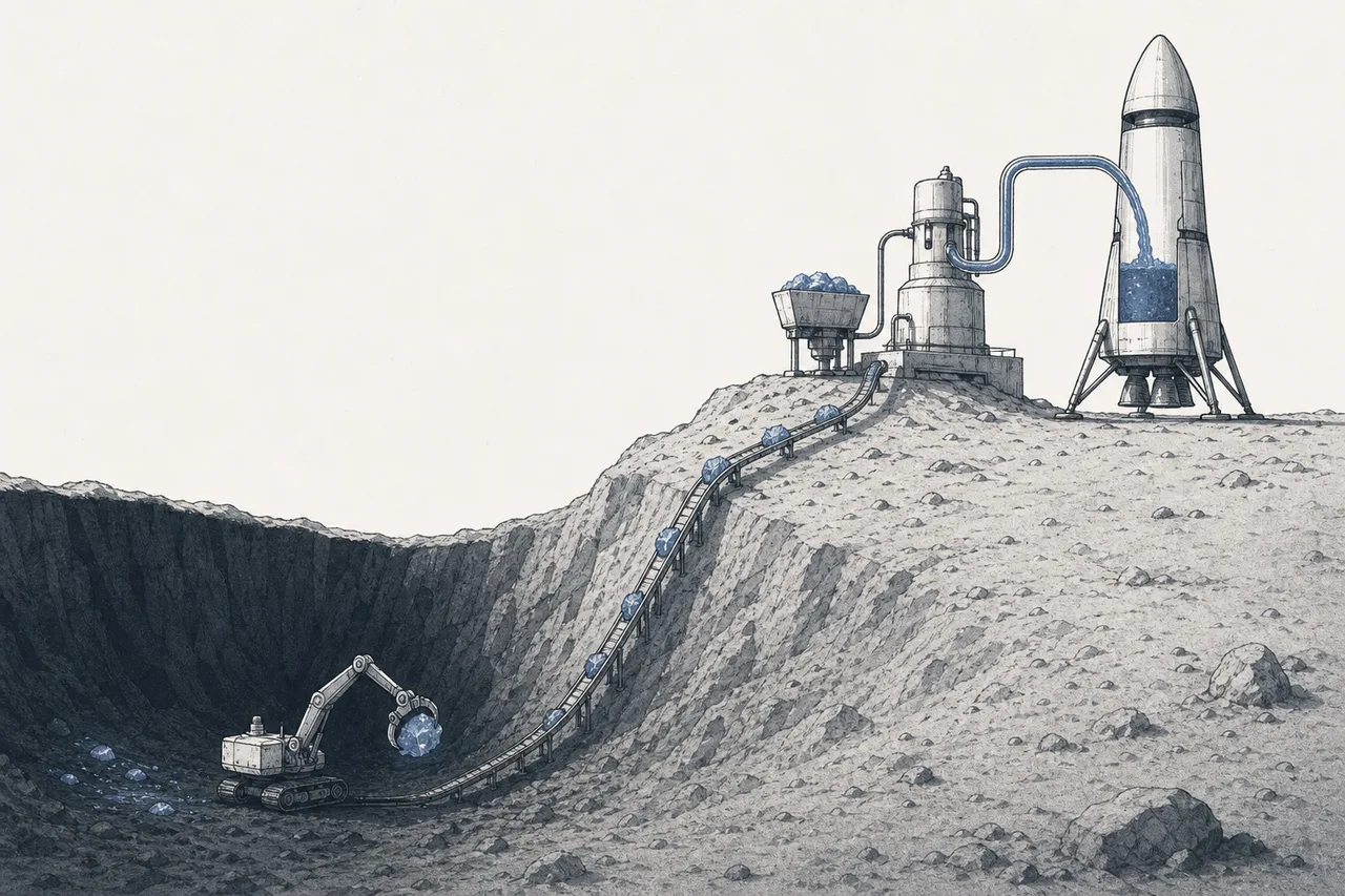An exploration robot mining ice from a dark crater at the Moon's south pole; the ice it digs out is turned into fuel to refuel spacecraft.
