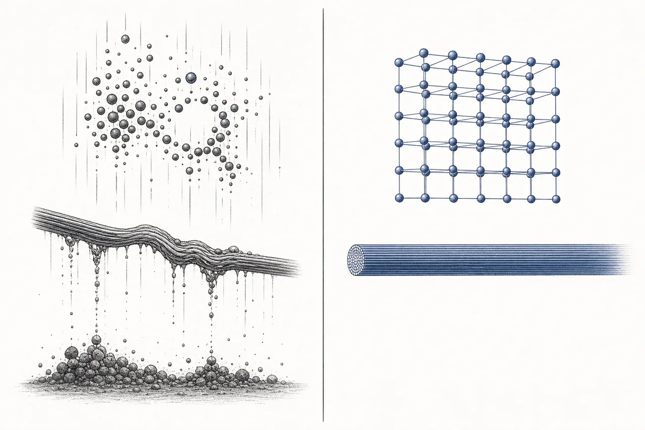 A side-by-side comparison: on the Earth side, crystals line up crookedly because gravity pulls them; on the space side, they float in perfect alignment with no pull.