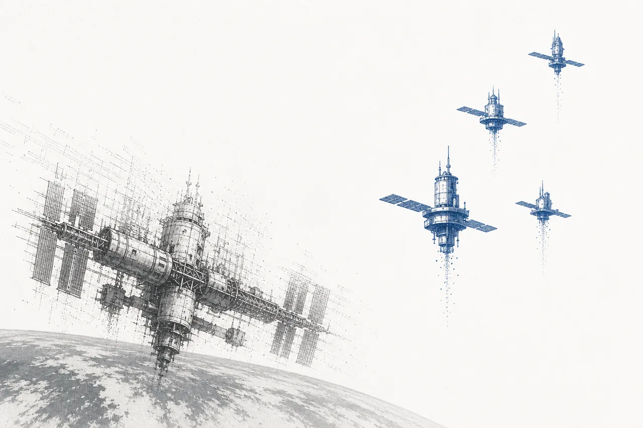 A large, aging, worn-out space station fades away while several small private stations rise to take its place.
