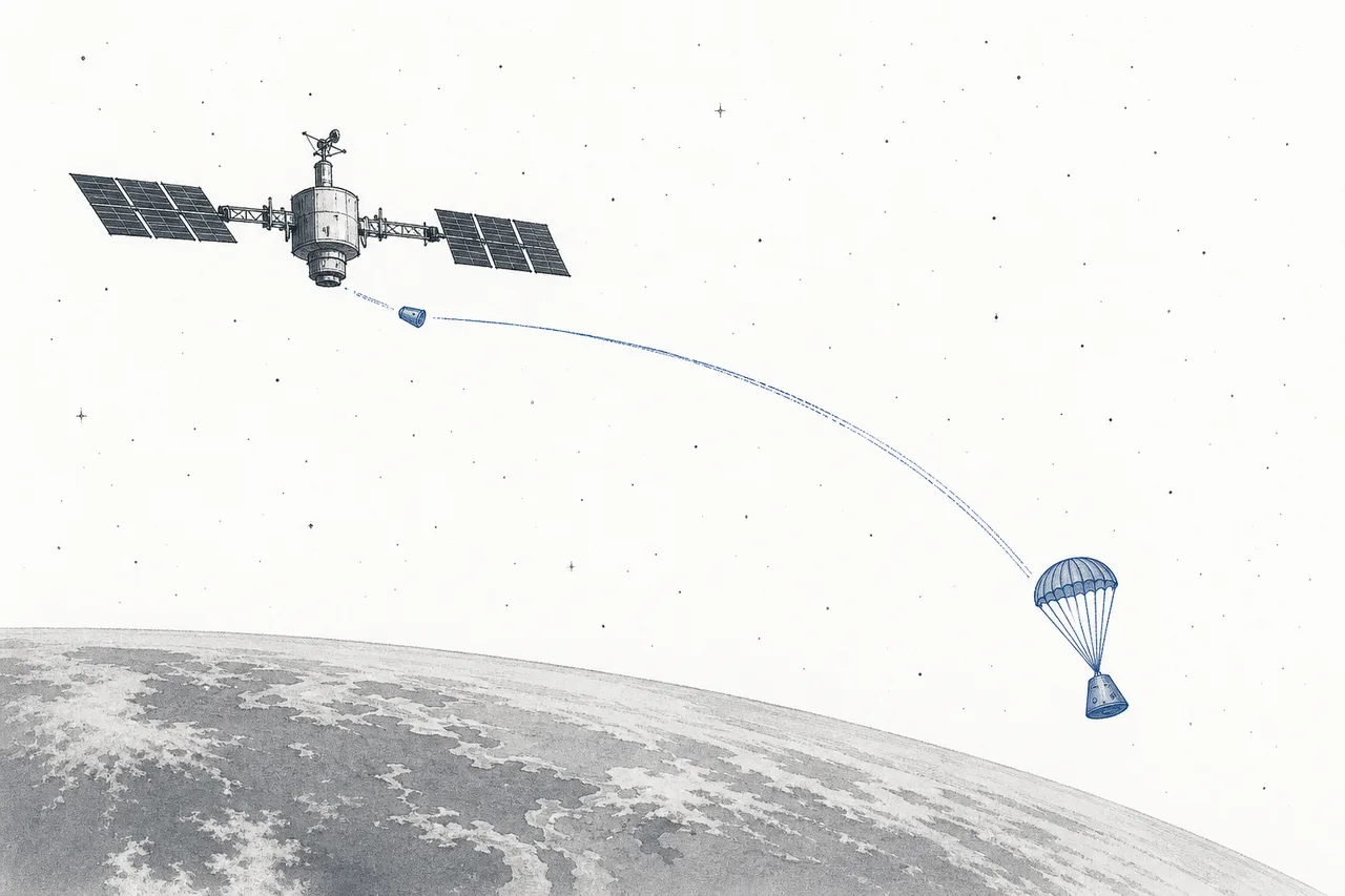 A small private space station floats above Earth, with a return capsule carrying orbit-made goods falling back down in a curving arc.
