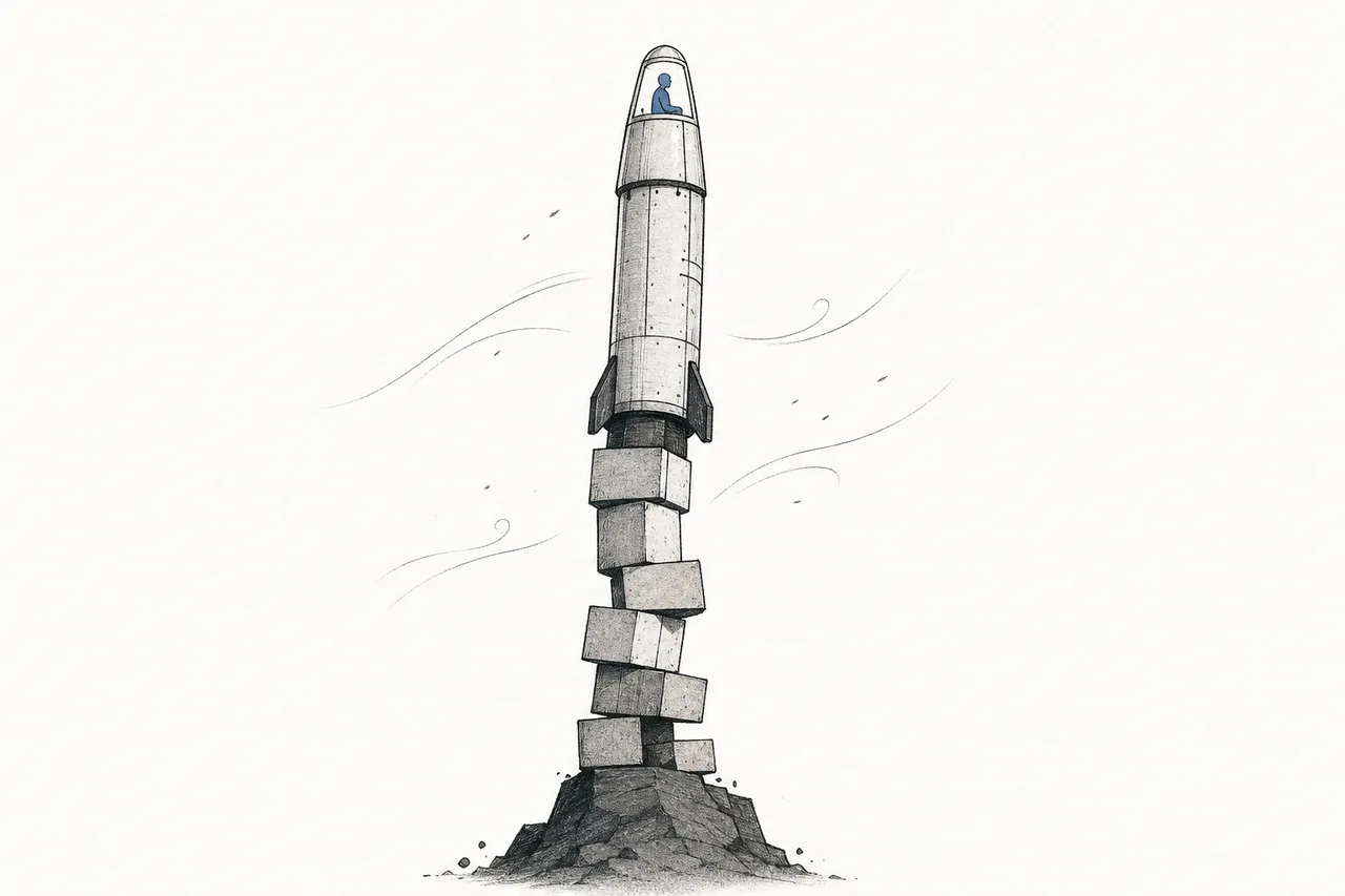 A tiny space ticket balances precariously on top of a rocket, a strong wind looking ready to blow it off — conveying the safety risk and the fragility of the business.