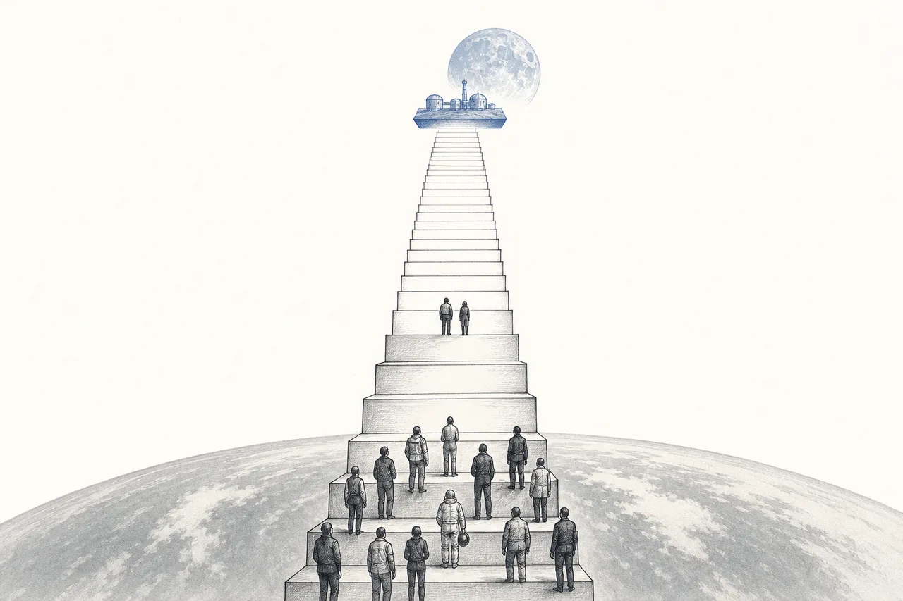 A ladder to space rising gradually higher; the lower rungs are short hops, the upper rungs are orbit, with tiny people standing on the different rungs.