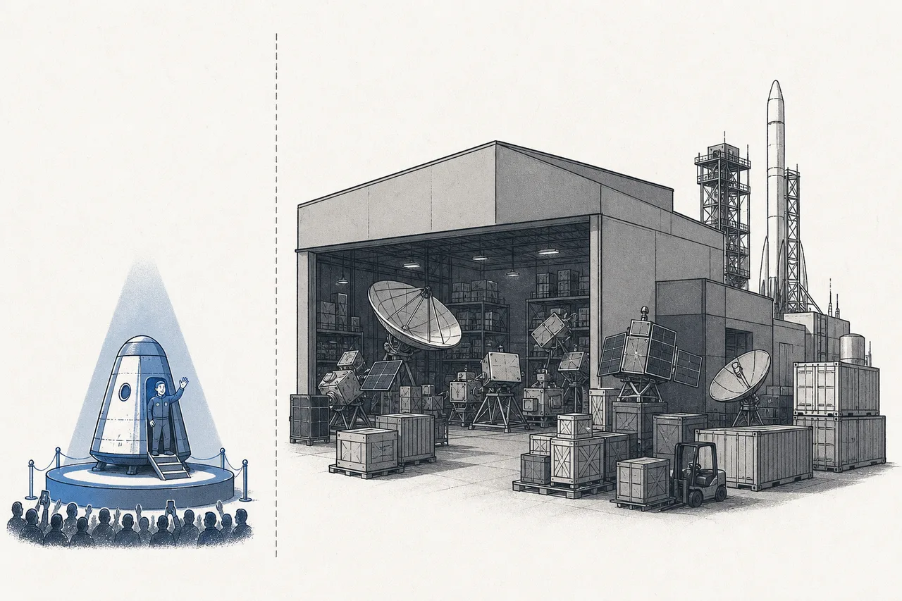 A two-sided comparison: one side a flashy, brightly lit space-tourism stage, the other a quiet satellite factory that actually makes the money.