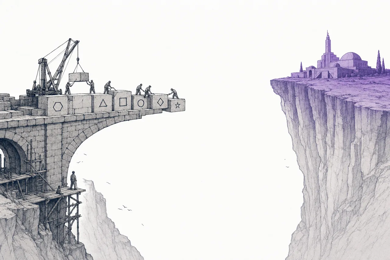 A stone bridge under construction reaching out into mid-air, not yet touching the far bank, with workers laying stones one at a time across a chasm of errors