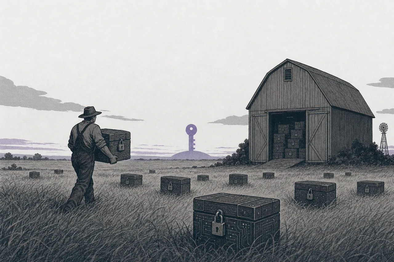 A thief stashing locked boxes of data into a barn, waiting for a future quantum key to come open them