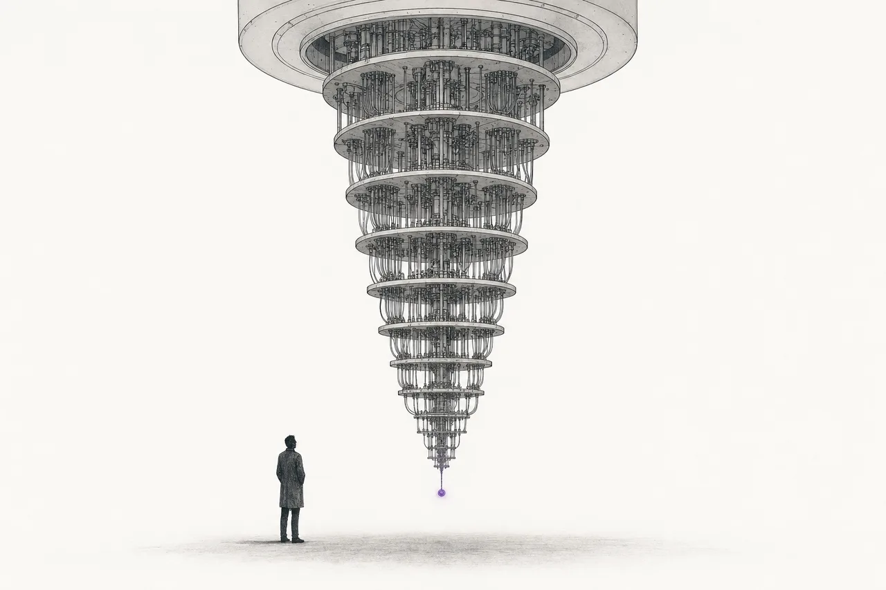 A copper, chandelier-shaped quantum computer hanging in tiered layers, with a single glowing qubit at the very bottom tip