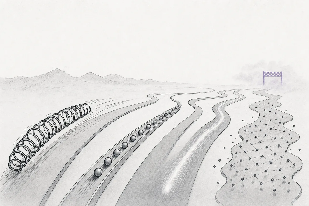 Four runners on four different tracks, each one a different way of making a qubit, racing toward the same finish line still far off in the fog